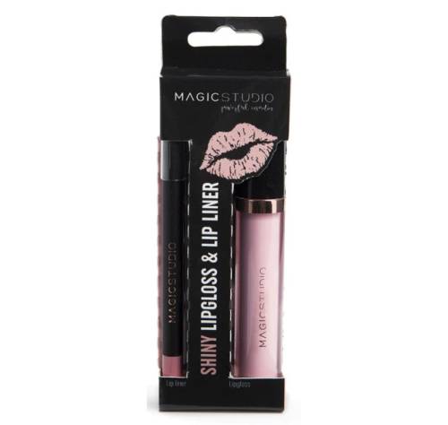 Set ruj lichid si creion de buze Magic Studio Shiny Lipgloss & Lip Liner - nude