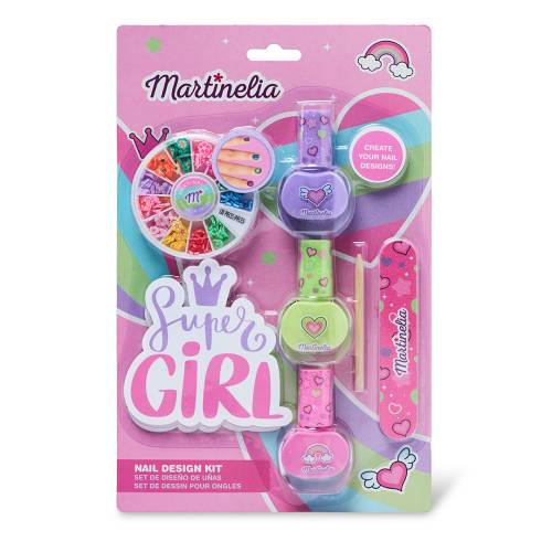 Set unghii false copii - MARTINELIA SUPER GIRL NAIL DESIGN KIT - cosmetice copii - pentru fetite - oja - pila - betisor de cuticule - stikere 3D